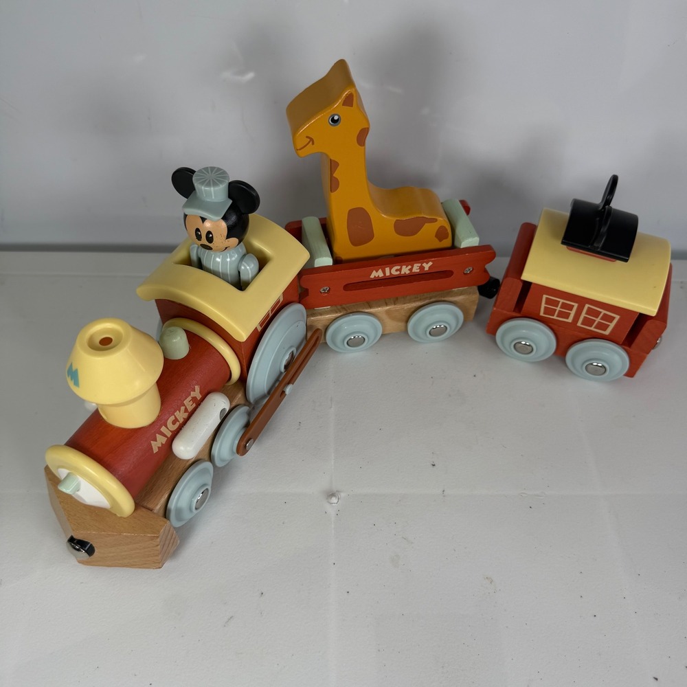 Disney Mickey Mouse Wooden Pull Train Set with Giraffe and Caboose Toy